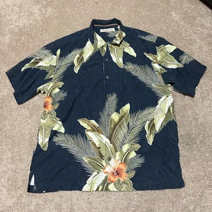 Tommy Bahama Shirt Mens Large Blue Silk Hawaiian Camp Tropical Floral Palm - Picture 1 of 5