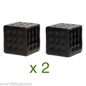 2x Modern Black Or Brown Faux Leather Tufted Cube Square Ottomans Foot Stools - Picture 1 of 9