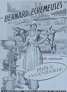 REKLAME BERNARD ECREMEUSES BERNARD MOTOREN MILCH KUH VON 1946 FRANZÖSISCH AD PUB - Bild 1 von 1