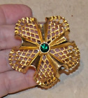 Vintage  Green Rhinestone Goldtone Metal Lattice Openwork Brooch Jewelry