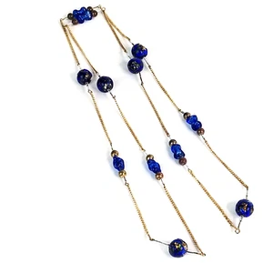 Collar de estación de cuentas de vidrio artístico moldeado cuentas de lámina azul cobalto ópera 44" vintage - Imagen 1 de 4