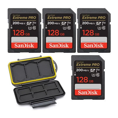 SanDisk 128GB Extreme PRO 200MBs Memory Card 4 pack with Memory Case bundle - Image 1 of 4