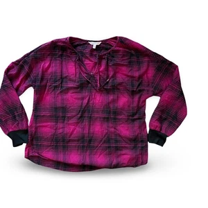 JUICY COUTURE Women's Flannel Shirt Top Pullover Tie Neck Large Pink Black - Picture 1 of 6