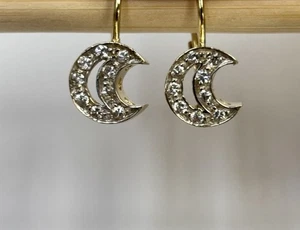 14K VINTAGE CELESTIAL SOLID YELLOW GOLD DIAMOND MOON EARRINGS LEVERBACK - Picture 1 of 11