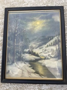 Antik Winter Schnee Nacht Hütte Druck Bild Kunst Deko NL - Bild 1 von 4
