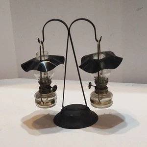 Pair Miniature Glass & Metal Oil Lamps w/ Hanger Stand Clear Mini Double Shade - Picture 1 of 3
