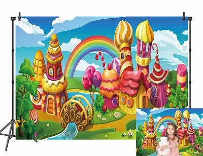 Dulce Dibujos Animados Piruleta Arco Iris Caramelo Telón de Fondo Niños Cumpleaños Postre Mesa Decoración Foto 1 de 4