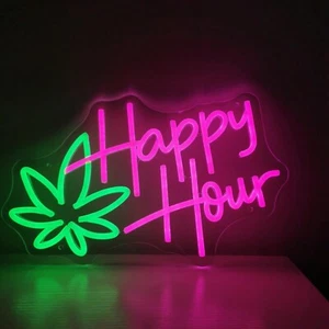 Weed Leaf Happy Hour Neon Sign LED Marijuana Neon Signs Wall Decor W/USB For Bar - Picture 1 of 7
