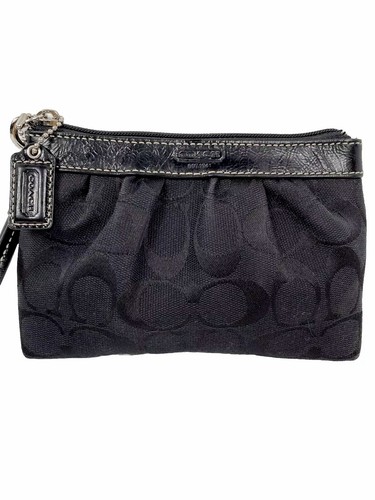 Autentica borsa Y2K Coach nera monogramma da polso con zip fodera rossa 7" x 5"