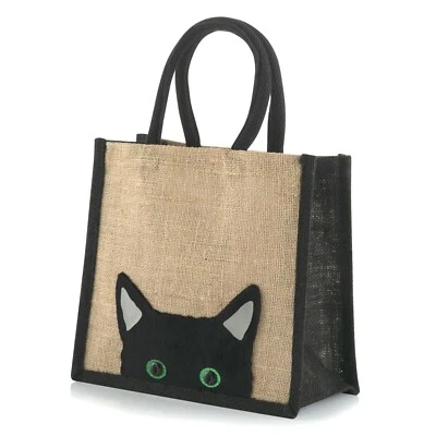 COOCOO Jute Hessian Lunch Gift Black Trim Bag Small Shopper - Peekaboo Black Cat Design