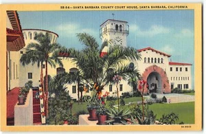 Santa Barbara California County Court House - 1933 Teich Leinen Postkarte - Bild 1 von 2