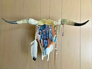 VTG HANDPAINTED LONGHORN STEER SKULL REAL 24” Tip to Tip Native American Indian - Picture 1 of 9