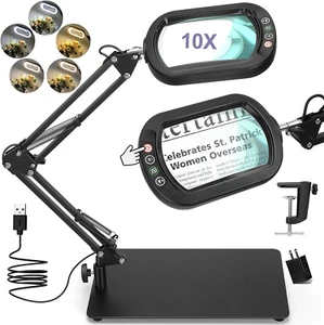 10X Square Magnifying Glass-Light & Stand,Real Glass LED Lighted Magnifier-5 Mod - Picture 1 of 12