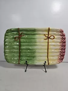 Plato para servir espárragos mayólica vintage verde blanco rosa cinta 12,5" X 7,5" - Imagen 1 de 11