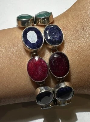 Sfaccettato Blu Scuro Zaffiro Smeraldo Rubino Argento Tennis Bracciale India 2f - Immagine 1 di 4