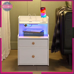 NEW Set Of 2 LED Light Nightstand w/ Charging Station Night Stand End Side Table - Picture 1 of 16