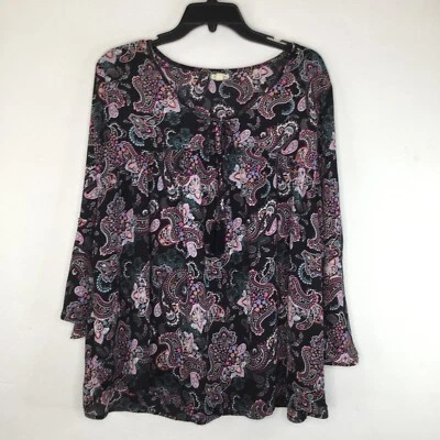 Blusa de sombra de ojos para mujer talla 1X negra rosa estampado cachemira manga campana 3/4 pulóver Foto 1 de 4