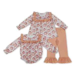 Sibling Baby Girls Fall Design Pumpkin Tunic Top Outfit and Romper - Picture 1 of 5