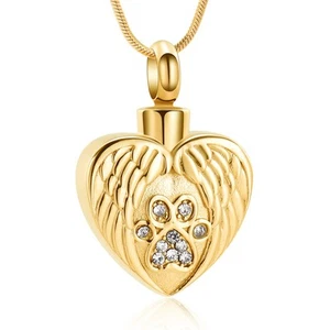 Heart Paw Print Urn Necklace for Ashes for Dog Cremation Jewelry Angel Wing H... - Picture 1 of 6
