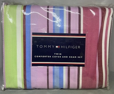 Tommy Hilfiger TYLER RAINBOW Stripe Twin Duvet Comforter & Sham Green Pink Blue - Image 1 of 2