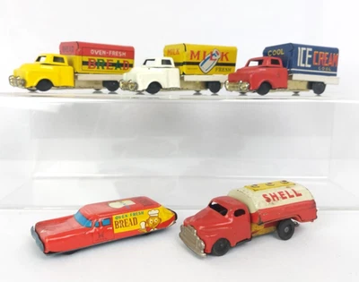 Lot of Vintage Japanese Tin Toy Trucks, Milk Bread Ice Cream & Shell Oil - Image 1 of 4