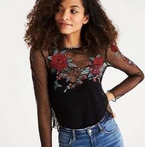 NWT American Eagle Black Mesh Overlay Embroidered Rose Top Shirt Sz XL - Picture 1 of 5