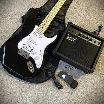 Full-Size Black Electric Guitar Starter Package with 20-Watt Amp, HSS Pickups - Image 1 of 4