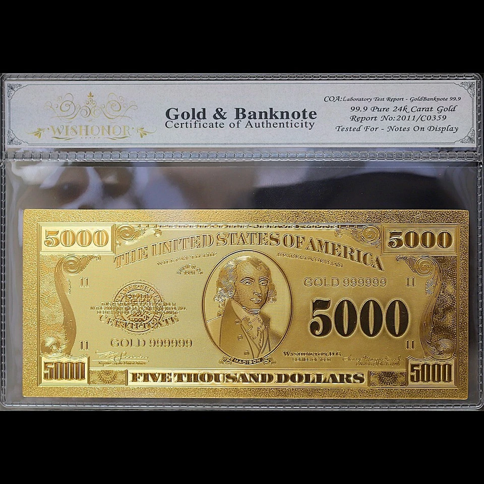 Золотая коллекционная банкнота 1928 $5000 пять тысяч долларов с сумкой и сертификатом - Изображение 1 из 2
