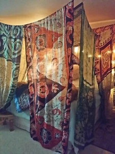 Indian Vintage Handmade Hippie Sari Silk Bed Canopy Curtain Drapes Room Canopy - Picture 1 of 6