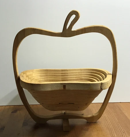 Apple Shaped Folding Collapsible Wooden Basket Fruit Veggie Bowl Decor 11.5” Cover