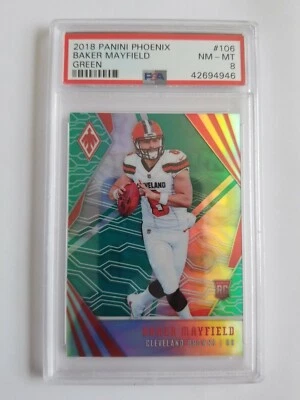 2018 PANINI PHOENIX GREEN BAKER MAYFIELD RC! 6/25! PSA 8! 1/1! JERSEY #! - Image 1 of 3