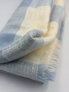 Vintage Blue & Cream Plaid Woven Throw Blanket 65" x 52" With Fringe Baby Gift - Picture 1 of 5