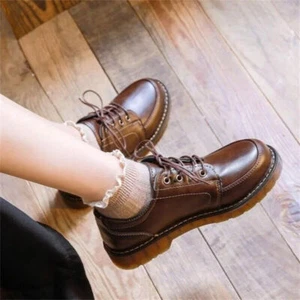 Women's Shoes Ladies Leather Female Round Toe Sewing Retro Comfortable College - Picture 1 of 26