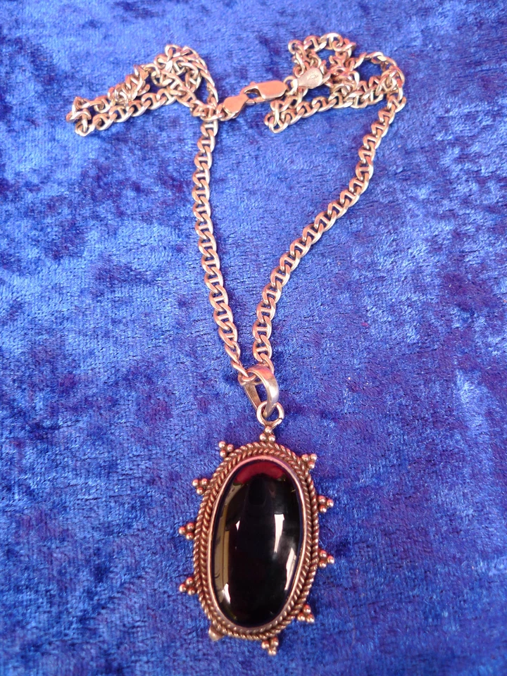 Collana, Elegante, Vecchia Catena, 925 Argento Con Grande Ciondolo, Onice - Immagine 1 di 1