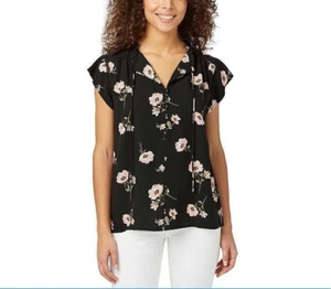 Buffalo Ladies' Flutter Sleeve Floral Top Split Neckline Tie Closure, Black, S - Picture 1 of 2
