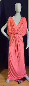 Tbag Los Angeles OrangeCoral Grecian Goddess Gray Sash SL Plunging Maxi szM NWT - Picture 1 of 9
