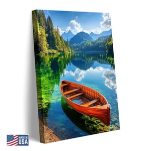 Landscape Wall Art Wooden Boat Lake Mountain Forest Reflection Serene Scenery - Picture 1 of 8