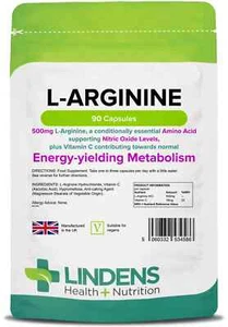 L-Arginine 500mg 90 Capsules Vascular Performance Nitric Oxide Levels Lindens - Picture 1 of 7