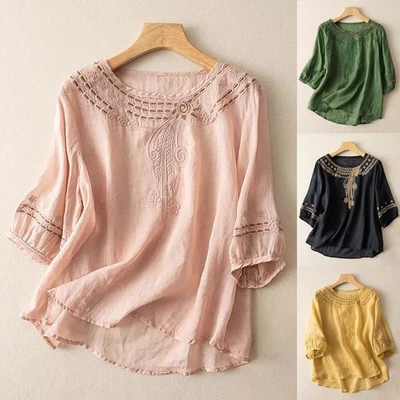 Women's Cotton Linen Tunic Top Shirt Summer Casual Baggy Plain Blouse Plus Size - Image 1 of 4