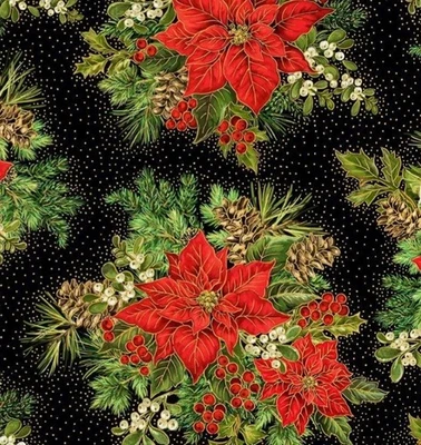 Timeless Treasures - Christmas Poinsettia Bouquet Metallic Quilting Fabric - Image 1 of 3