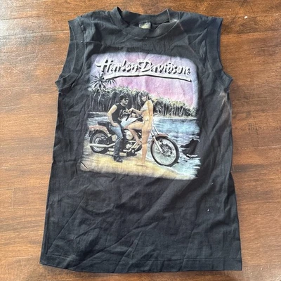 Vintage 80s Sleeveless Shirt Harley Early 3D Emblem Dave Size Medium  - Image 1 of 4