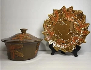 VTG California Pottery Covered Casserole Dish Lid Leaf Platter 372 373 374 Fall - Picture 1 of 14