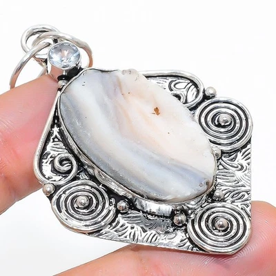 Ciondolo in argento sterling 925 con pietra preziosa topazio bianco druso ros... - Immagine 1 di 4