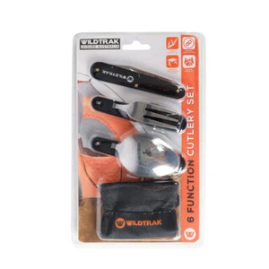 3pc Wildtrak Foldable Camping Knife/Spoon/Fork Cutlery Utensil Set w/ Bag Black - Picture 1 of 3