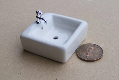 Dolls House Square Ceramic Sink With Fitted Tap 1:12 Scale Kitchen 663 tumdee - Image 1 of 4