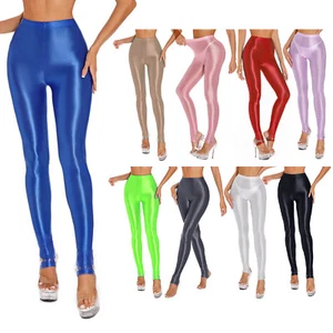 M-XL Women Oil Shiny Stirrup Leggings Glossy Opaque Sports Yoga Fitness Pants - Picture 1 of 29