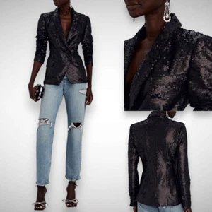 L'AGENCE Kenzie Pailletten Party Schwarz Zweireiher Blazer Jacke Gr. 2 Glam - Bild 1 von 11