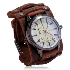 Bracelet Cuff Wrist Watch Wide Band Gift Mens Punk Rock Genuine Leather - Picture 1 of 29