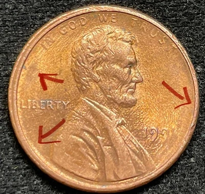 1991?-P Lincoln cent; Off-Center Struck Through Grease Error. - Image 1 of 4