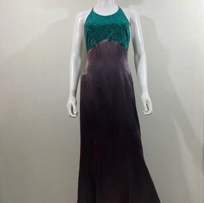 Sequin and Satin Slip Dress, Green,Vintage 1990’s All That Jazz Gown - Image 1 of 4